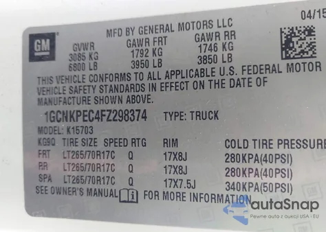 2015 Chevrolet Silverado 1500 Wt из США, поврежденный, VIN 1GCNKPEC4FZ298374